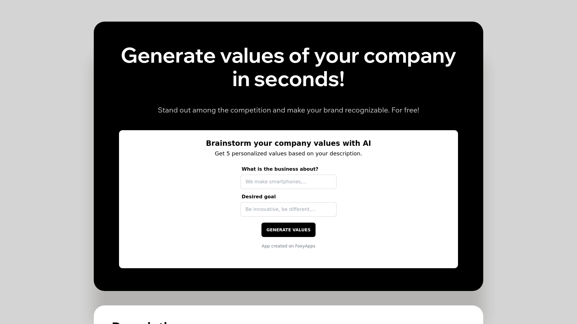 Company Values Generator startup – AI Text Generator