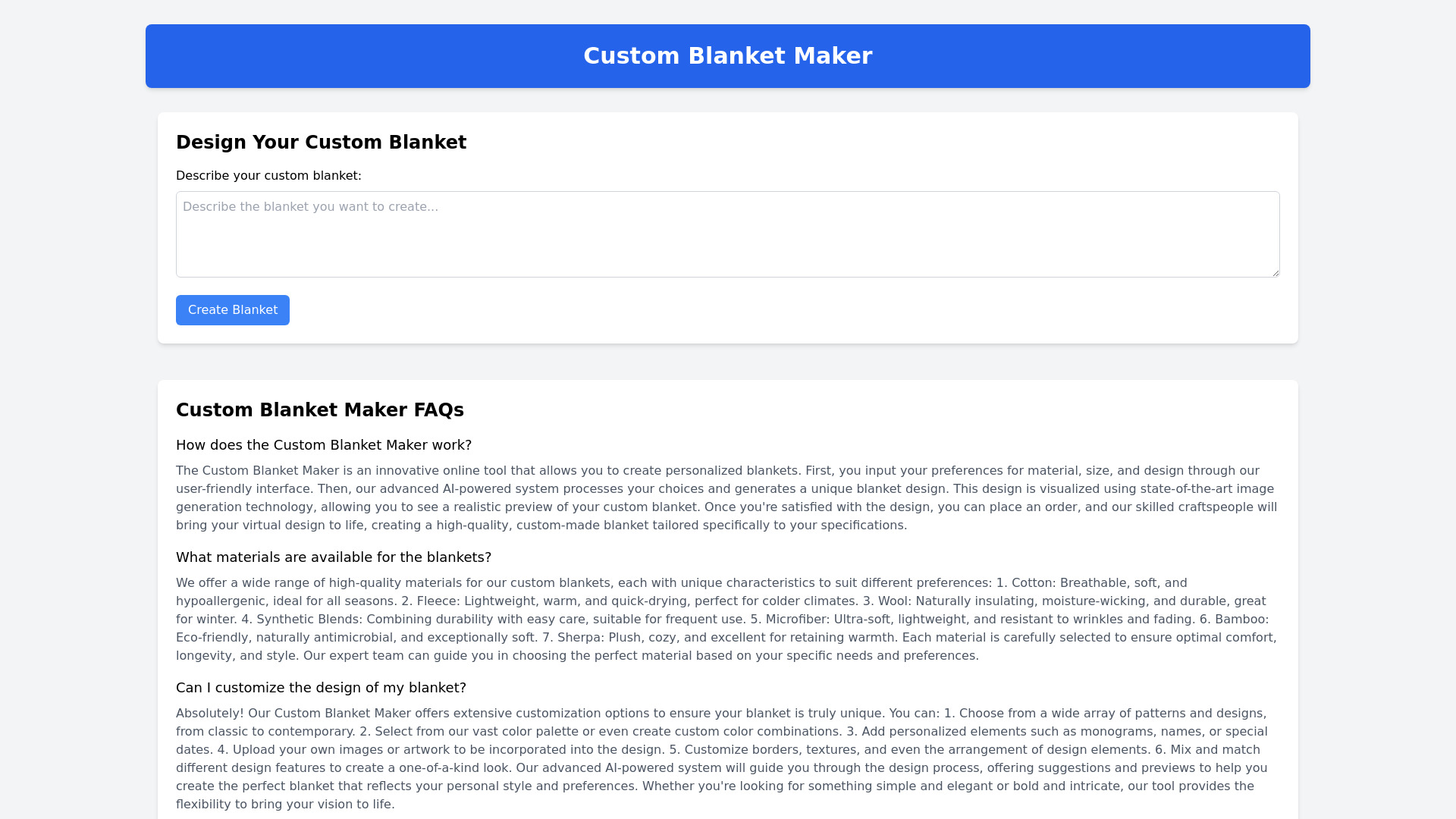 Custom Blanket Maker startup – AI Design Generator