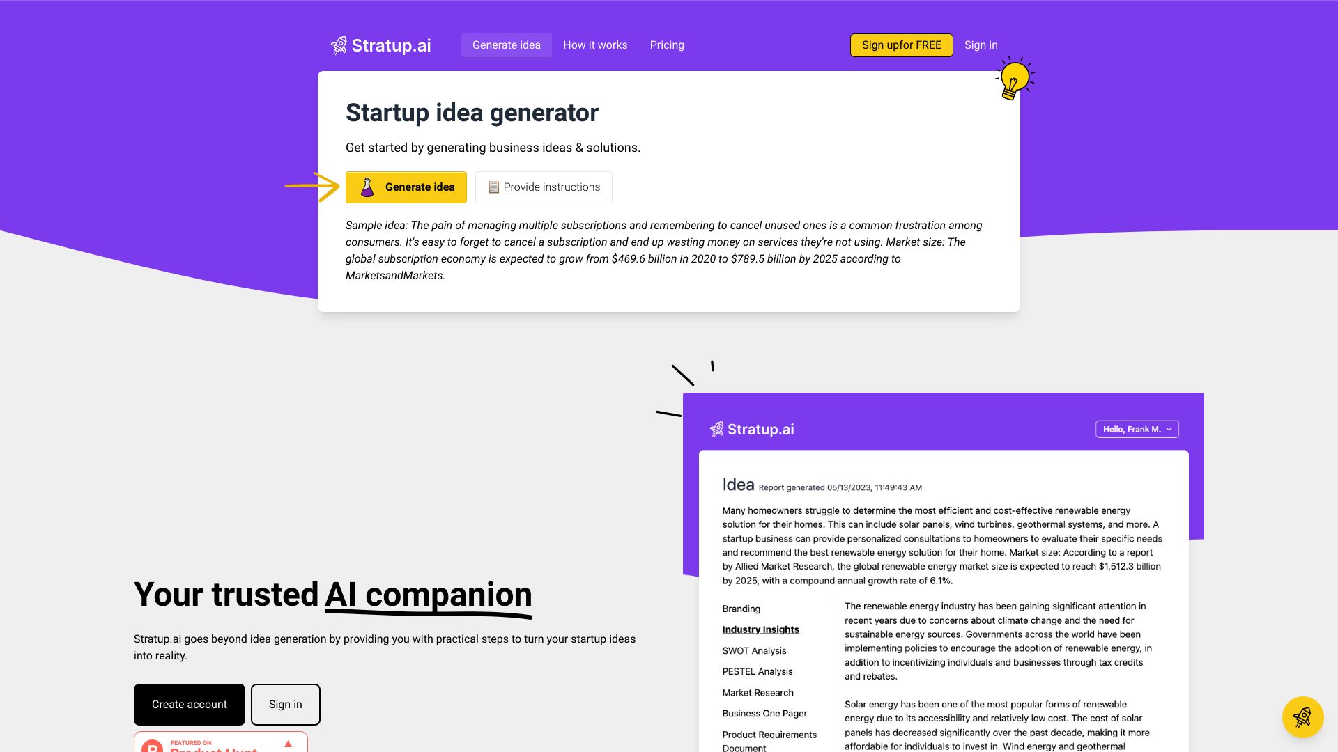 Stratup.ai startup – AI Business Ideas Generator
